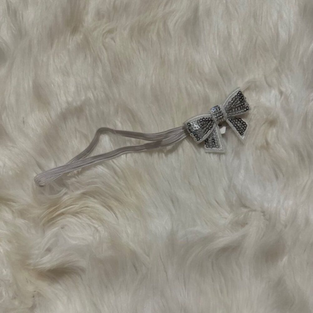 White / Silver Sequin Bow on white Skinny FOE Headband  7595  Handmade NWT